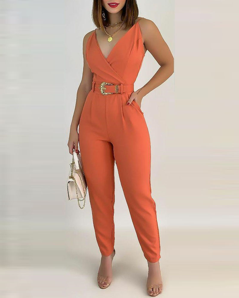 

V-Neck Pocket Detail Cami Jumpsuit With Belt, Orange