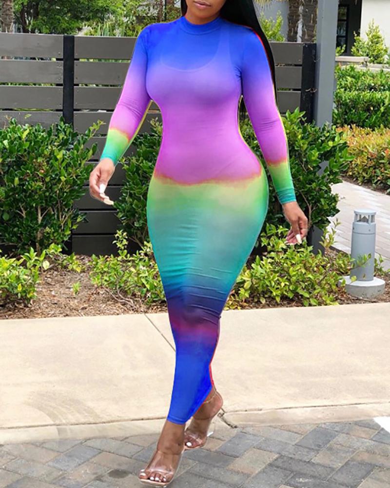 

Long Sleeve Colorblock Sheer Maxi Dress, Blue