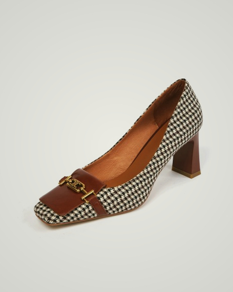 

Houndstooth Print Mtallic Buckle Block Heels, Brown