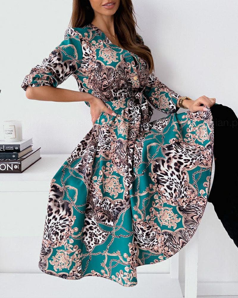

Baroque Leopard Print Button Front Long Sleeve Dress, Green