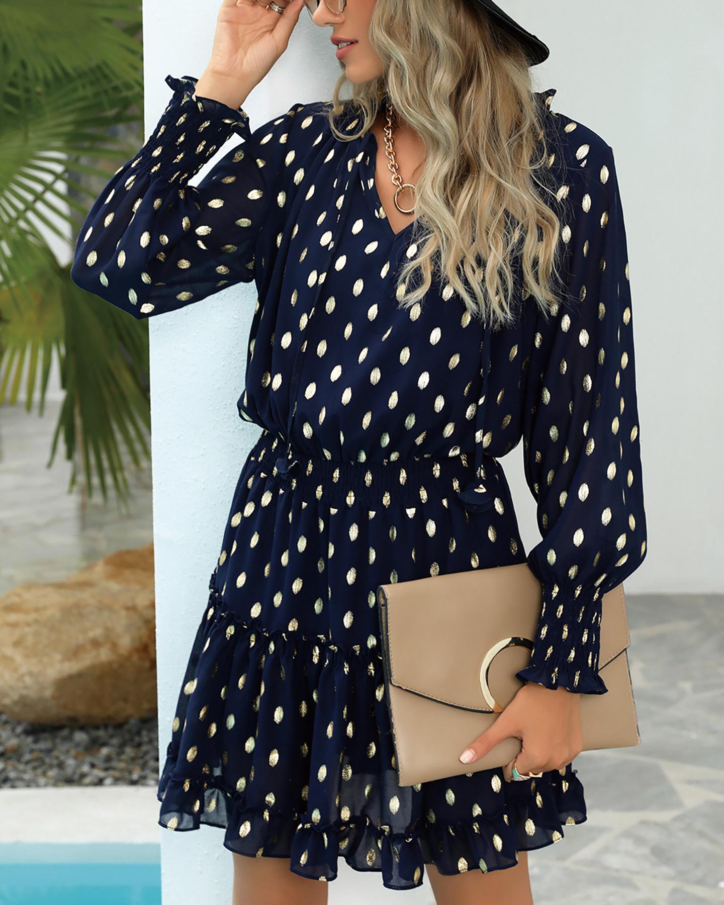 

Dot Print Lantern Sleeve Ruched Long Sleeve Dress, Purplish blue