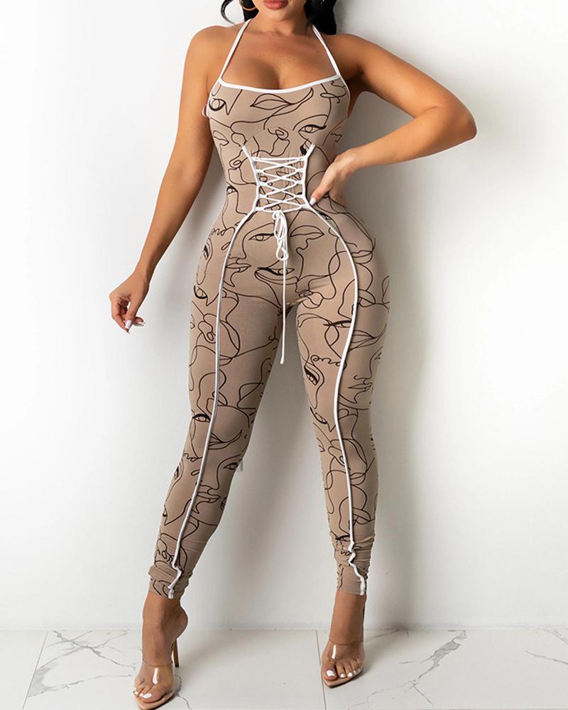 

Abstract Print Lace-up Contrast Piping Jumpsuit, Beige