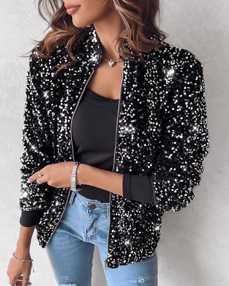 

Stand Collar Allover Sequin Jacket, Black