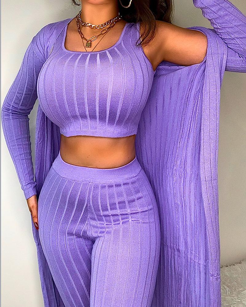 

Ribbed Sleeveless Crop Top & High Waist Pants Set With Cardigan, Purple