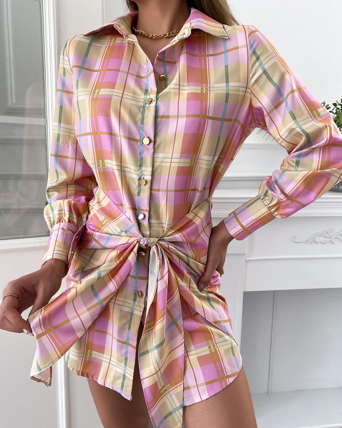 

Plaid Print Tied Detail Buttoned Shirt Dress, Multicolor