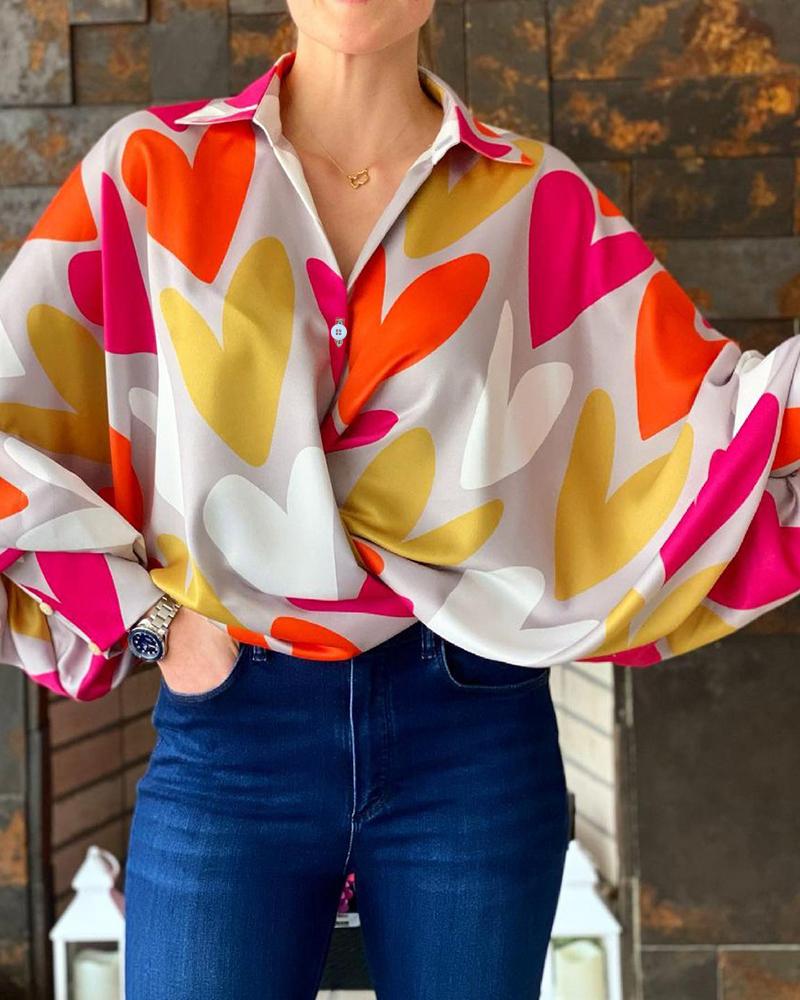 

Heart Print Lantern Sleeve Casual Shirt, Multicolor