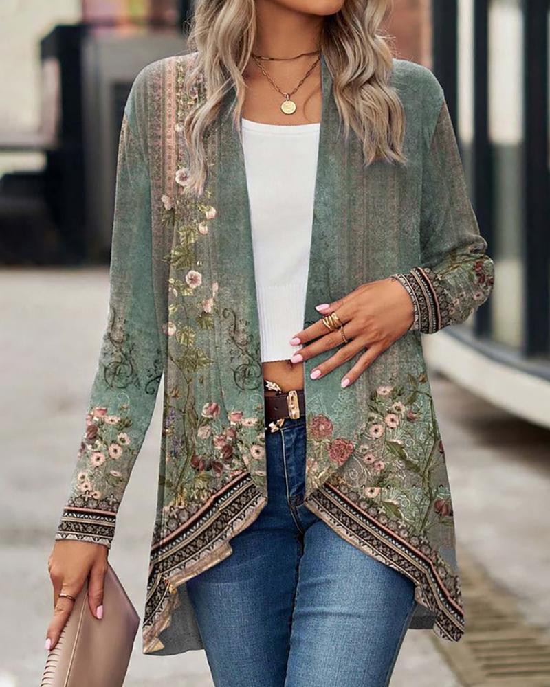 

Floral Tribal Print Open Front Asymmetrical Coat, Green