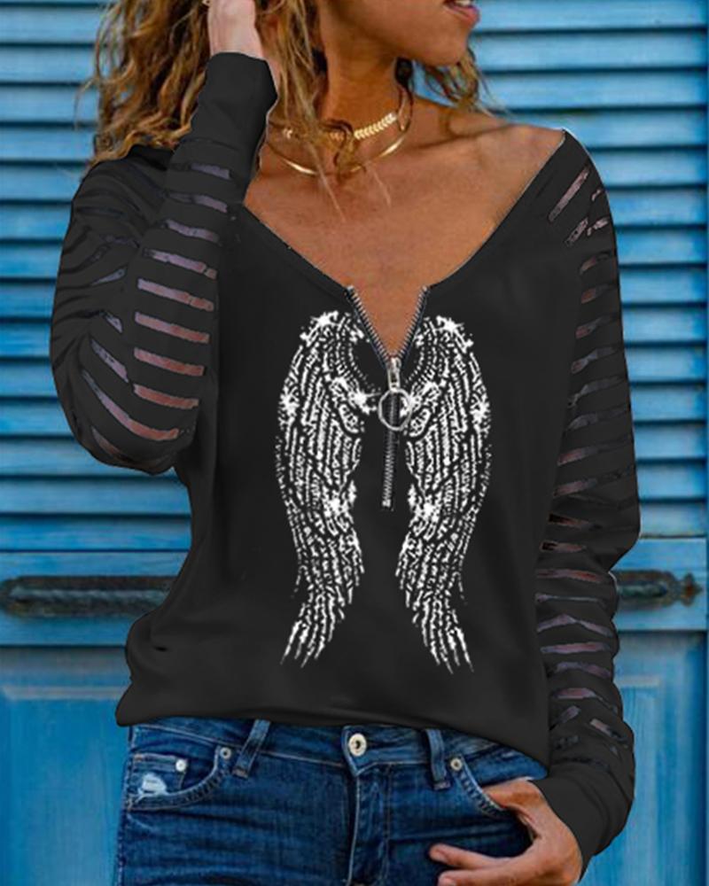 

Feather Print Splicing Zipper Long Sleeve Blouse, Black