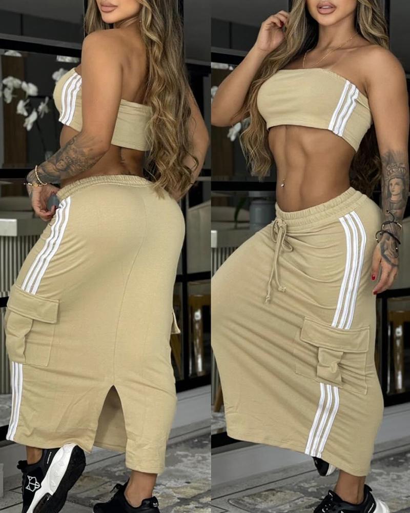 

Striped Bandeau Top & Drawstring Pocket Design Slit Skirt Set, Khaki