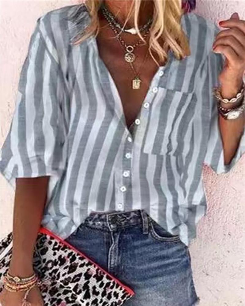 

Button Design Striped Half Sleeve Top, Gray