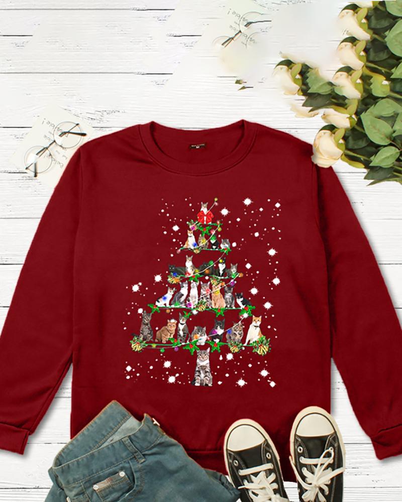 

Christmas Cat Tree Print Long Sleeve Sweatshirt, Wine red