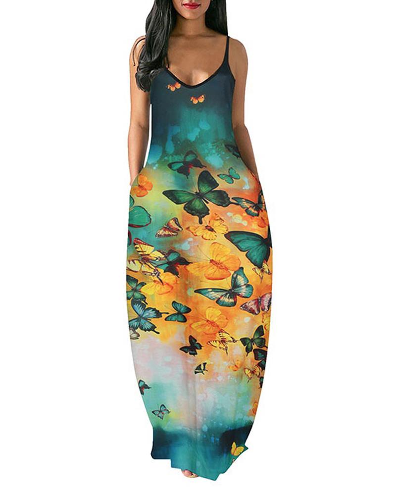 

Butterfly Print Spaghetti Strap Backless Maxi Dress, Multicolor