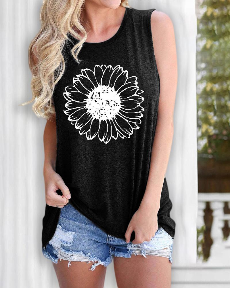 

Daisy Print Casual Tank Top, Black