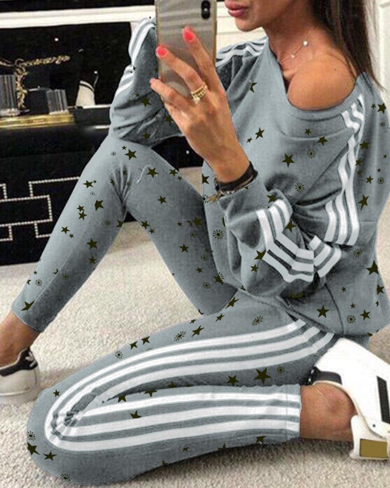 

Star Print Striped Colorblock Top & Pants Set, Gray