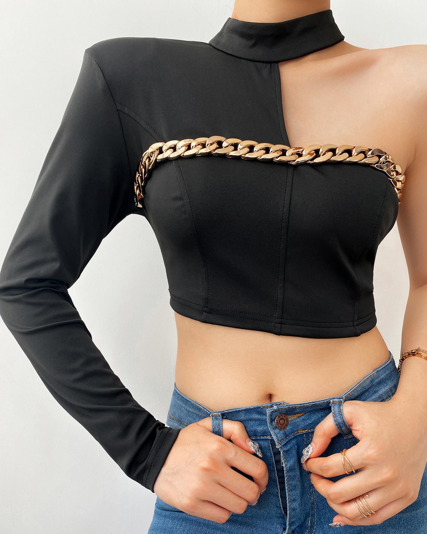 

Chain Decor One Shoulder Crop Top, Black