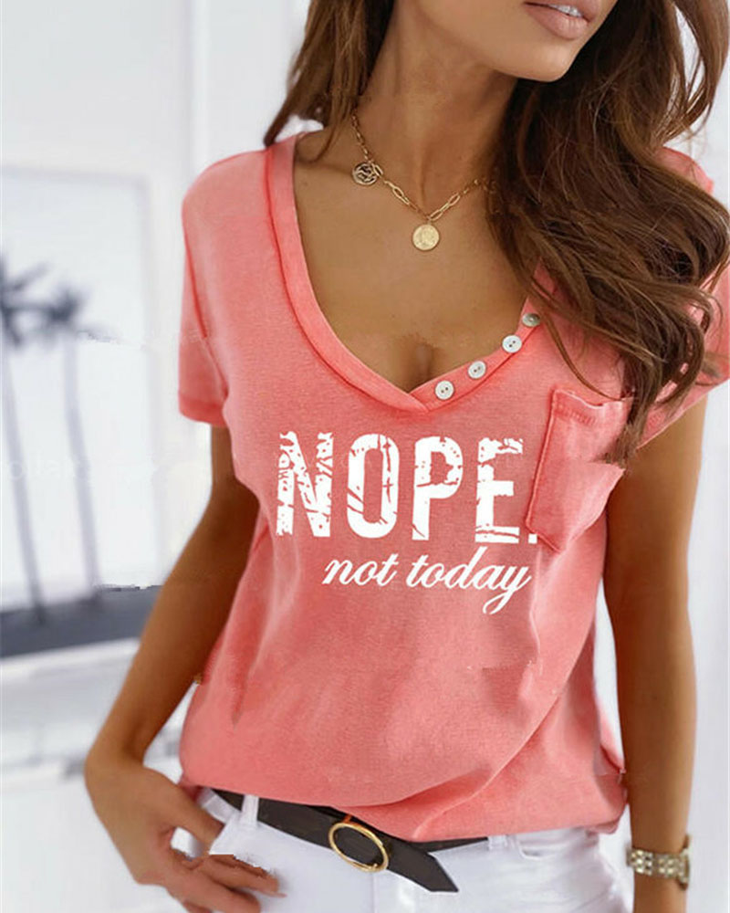 

Letter Print V-Neck Button Decor T-shirt, Pink