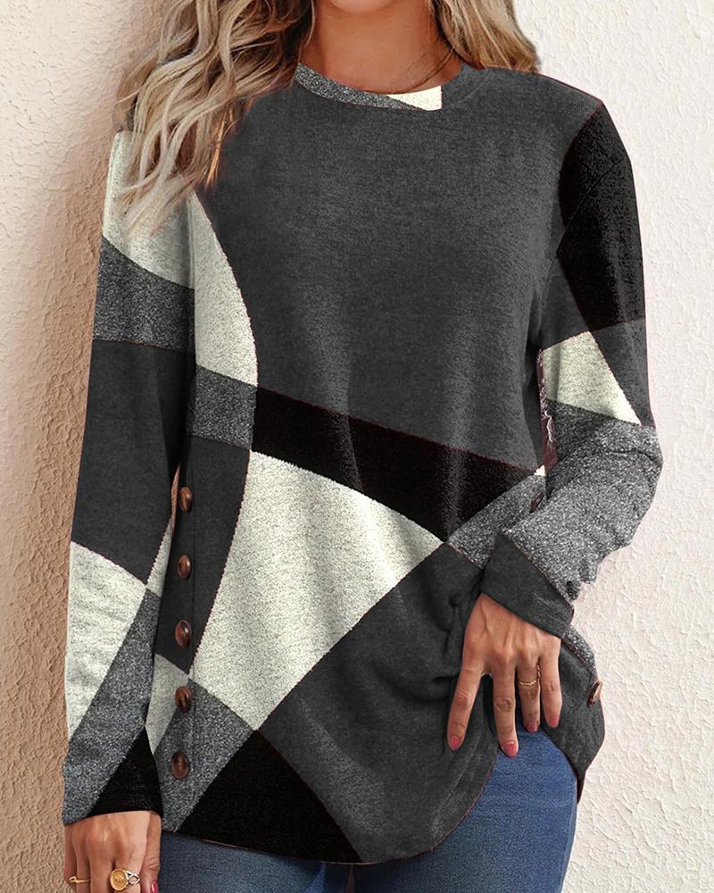 

Colorblock Buttoned Long Sleeve Top, Gray