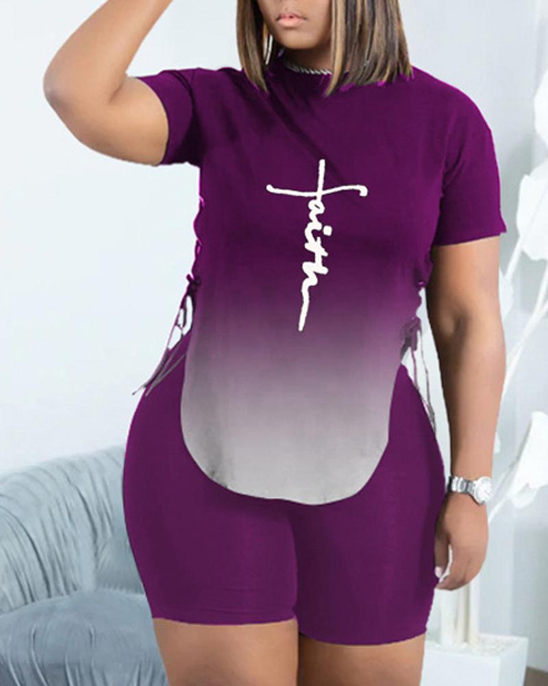 

Letter Print Grommet Eyelet Lace-up Top & Shorts Set, Purple