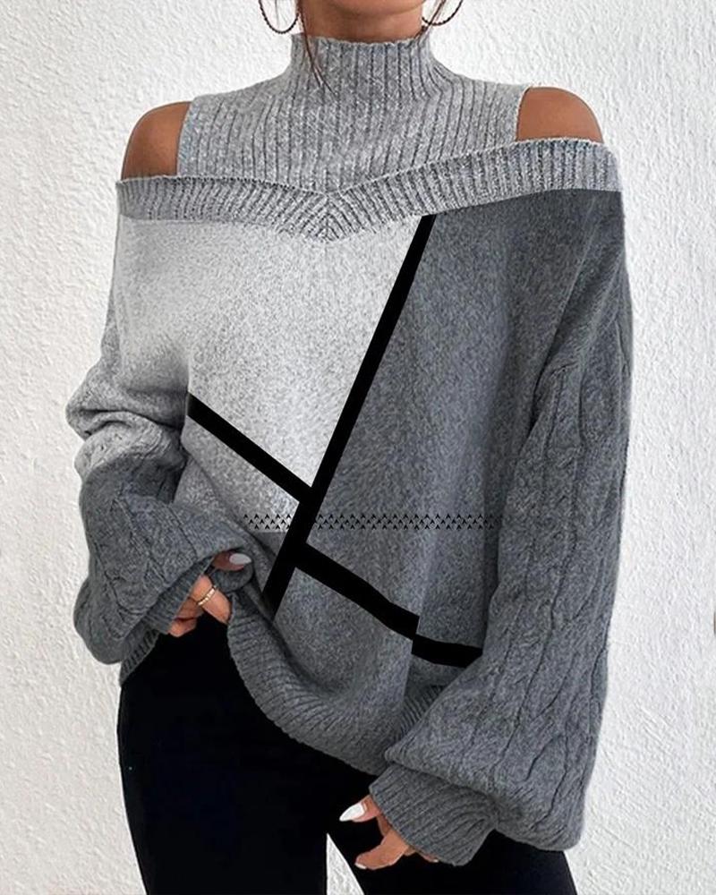 

Geo Pattern Cold Shoulder Lantern Sleeve Knit Sweater, Gray