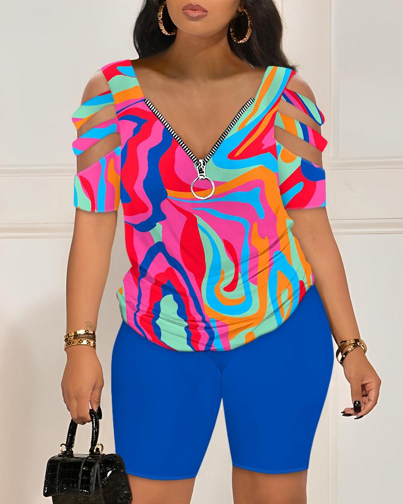 

Multi-Color Abstract Print Cold Shoulder Top & Shorts Set, Blue