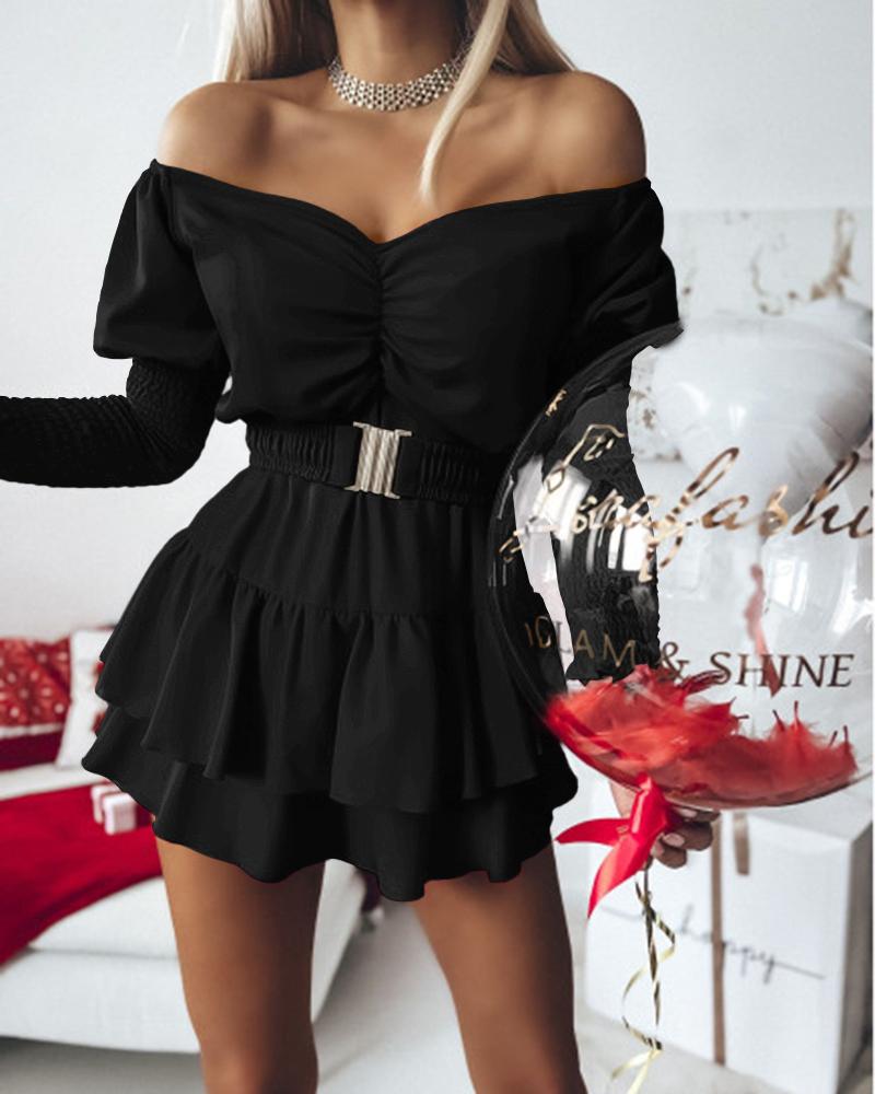 

Off Shoulder Shirred Gigot Sleeve Mini Dress, Black