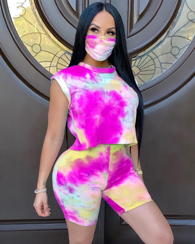 

Tie Dye Print Casual Tank Top & Shorts Set With Bandana, Hot pink
