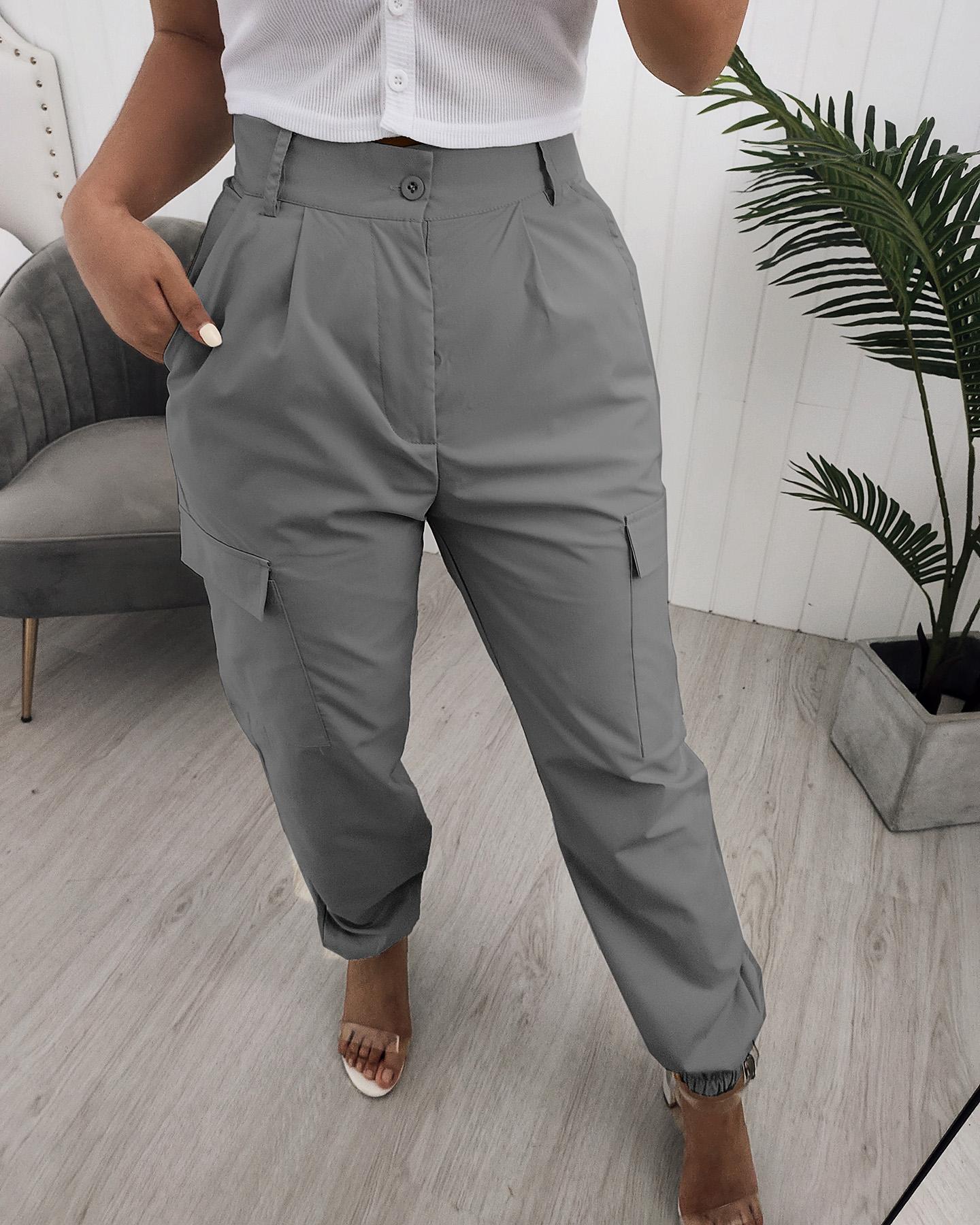 

Pocket Design High Waist Cargo Pants, Gray