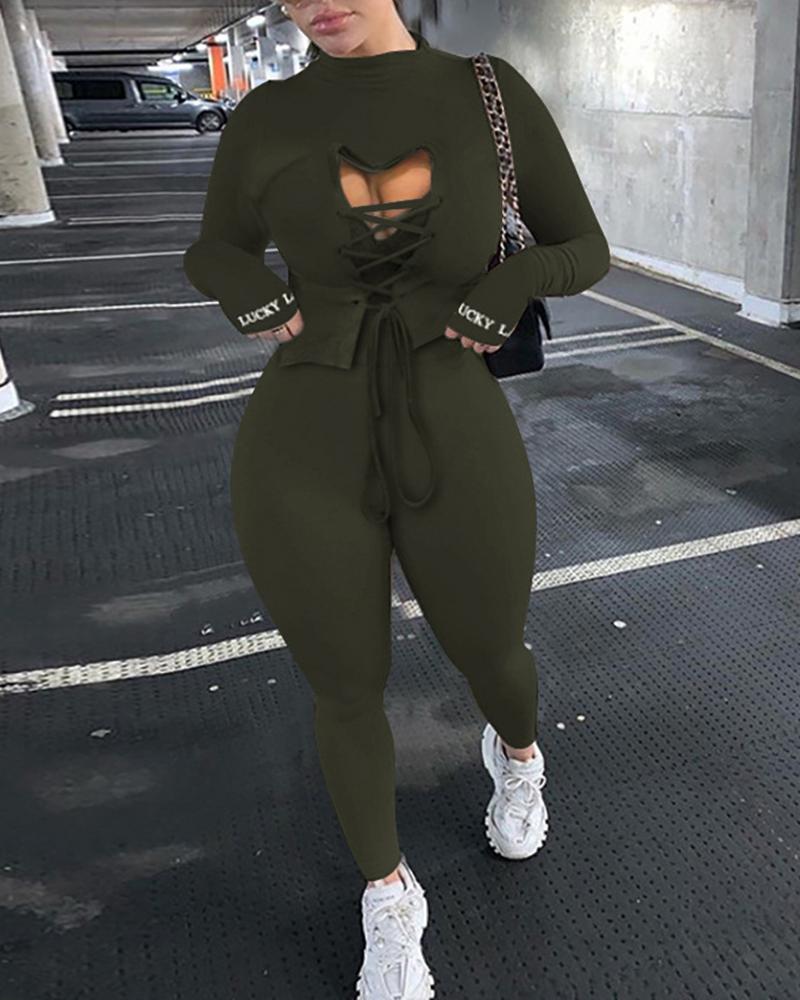 

Lace-up Long Sleeve Top & High Waist Pants Set, Army green