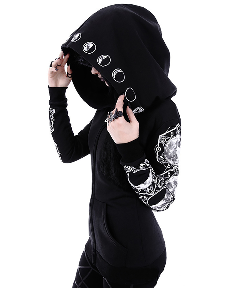 

Punk Moon Graphic Print Zipper Design Hoodie, Black