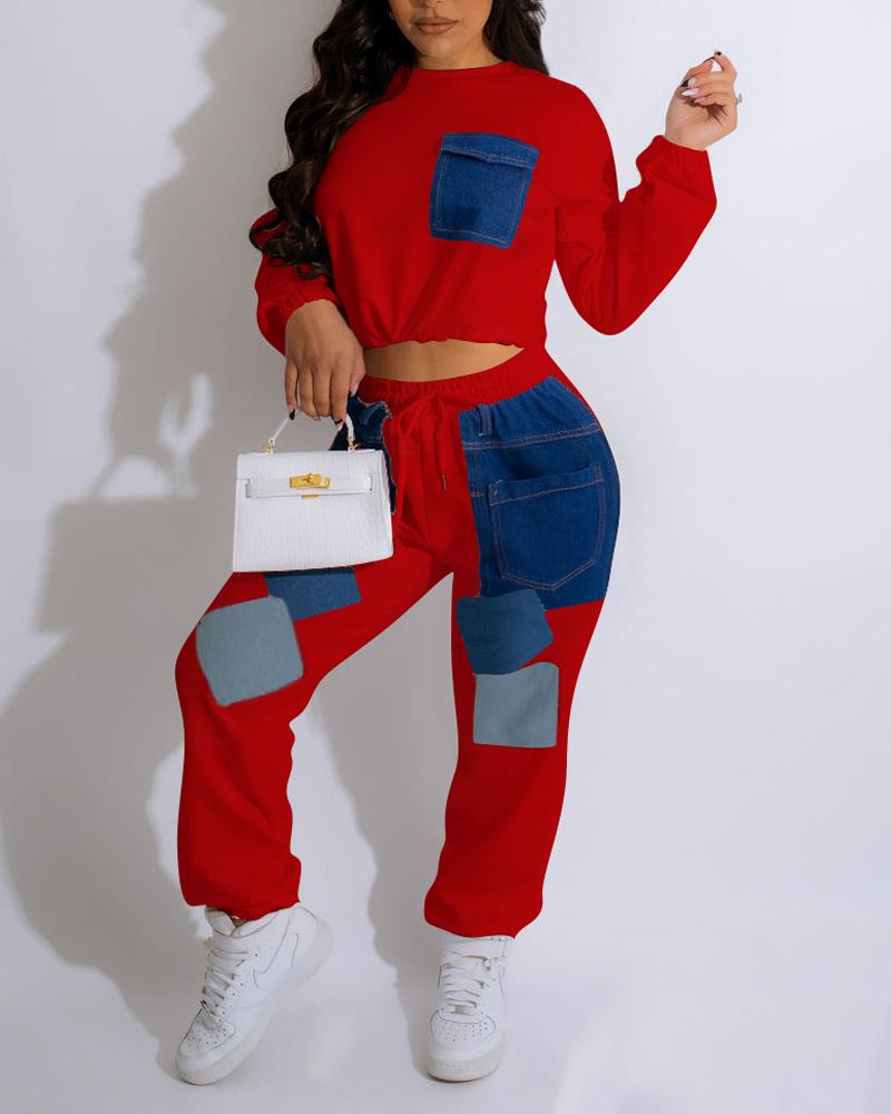 

Contrast Denim Long Sleeve Casual Top & Pants Set, Red