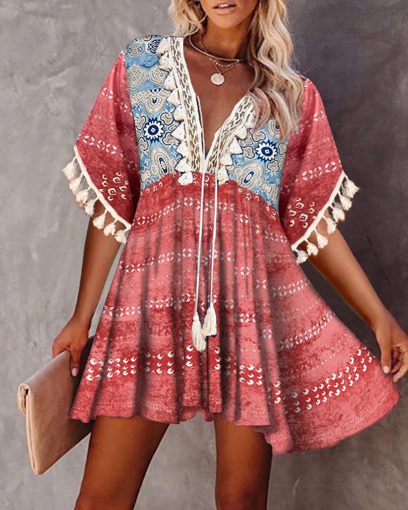 

Tribal Print Tassel Decor Swing Dress, Red