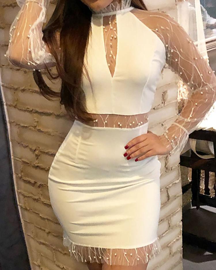 

Beaded Sheer Mesh Insert Bodycon Dress, White