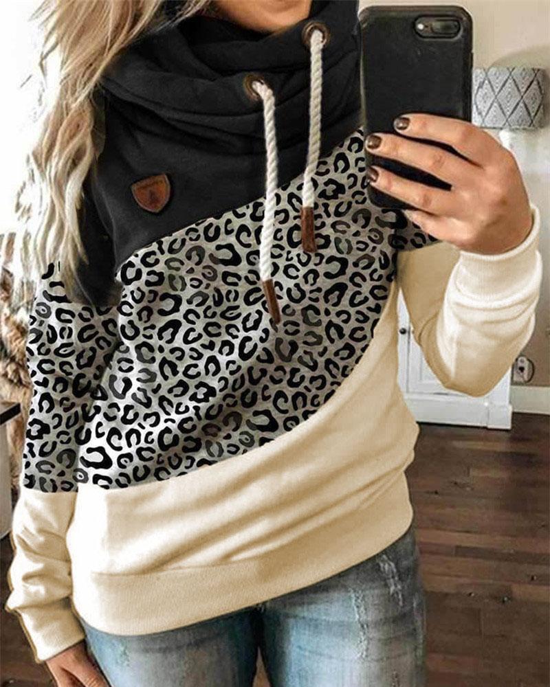 

Leopard Print Colorblock Lantern Sleeve Hooded Top, Black