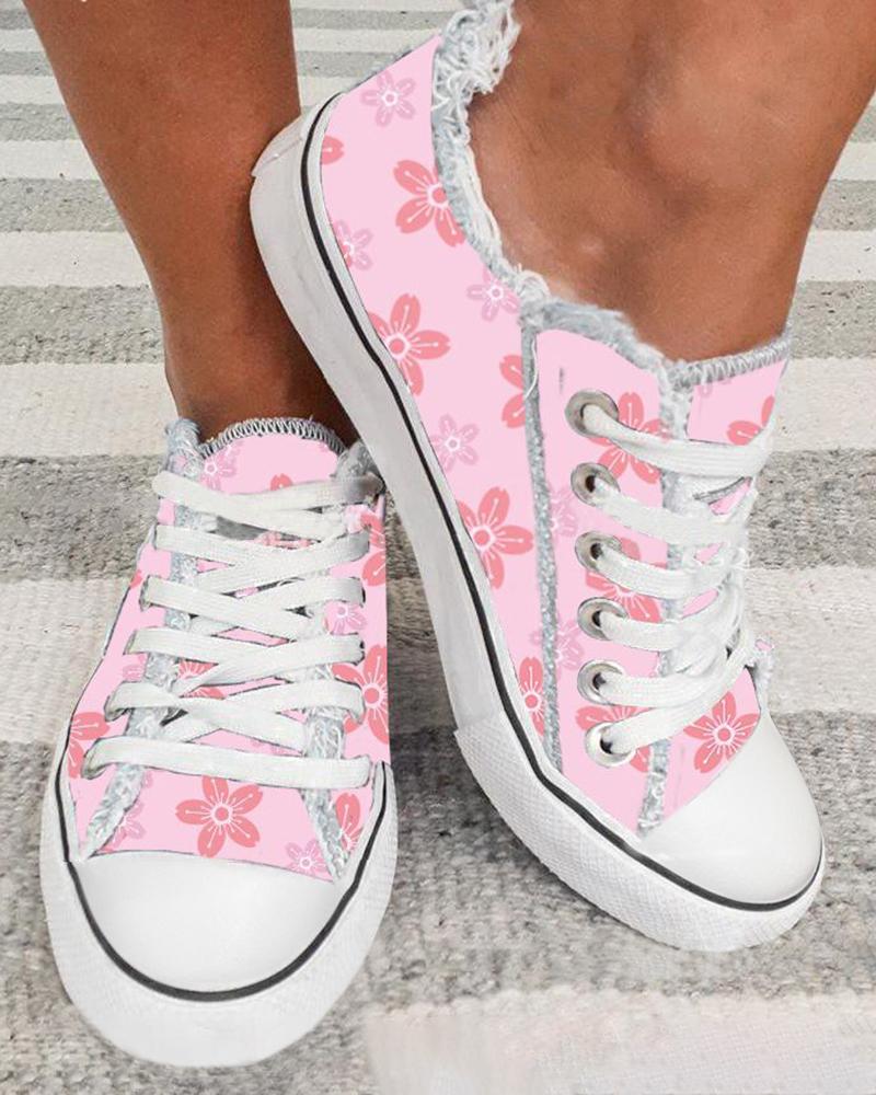 

Valentine's Day Floral Print Fringe Hem Canvas Sneakers, Pink