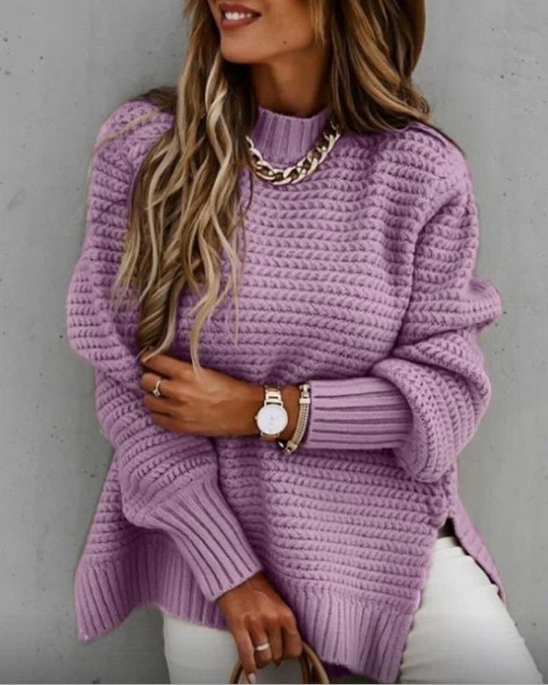 

Long Sleeve Mock Neck Split Hem Sweater, Purple