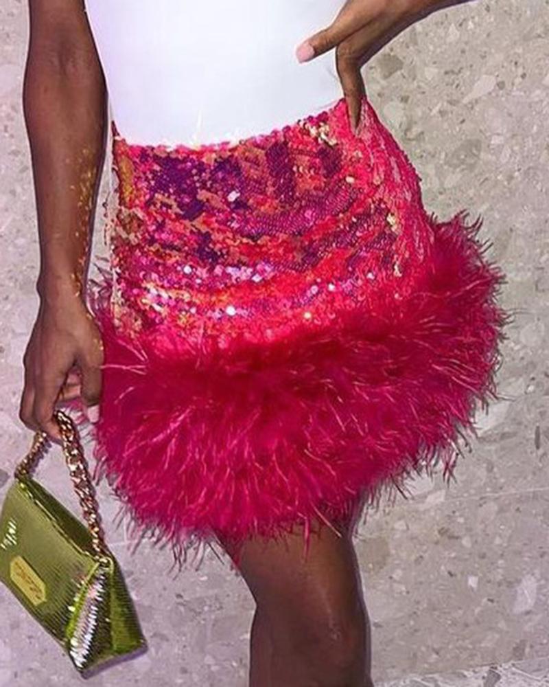 

High Waist Feather Detail Sequin Skirt, Hot pink