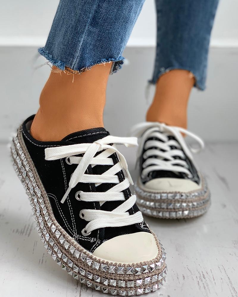 

Rivet Eyelet Lace-up Flat Sandals, Black