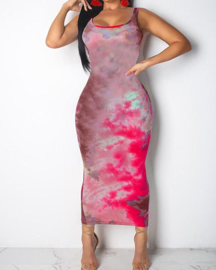 

Tie Dye Print Sleeveless Dress, Hot pink