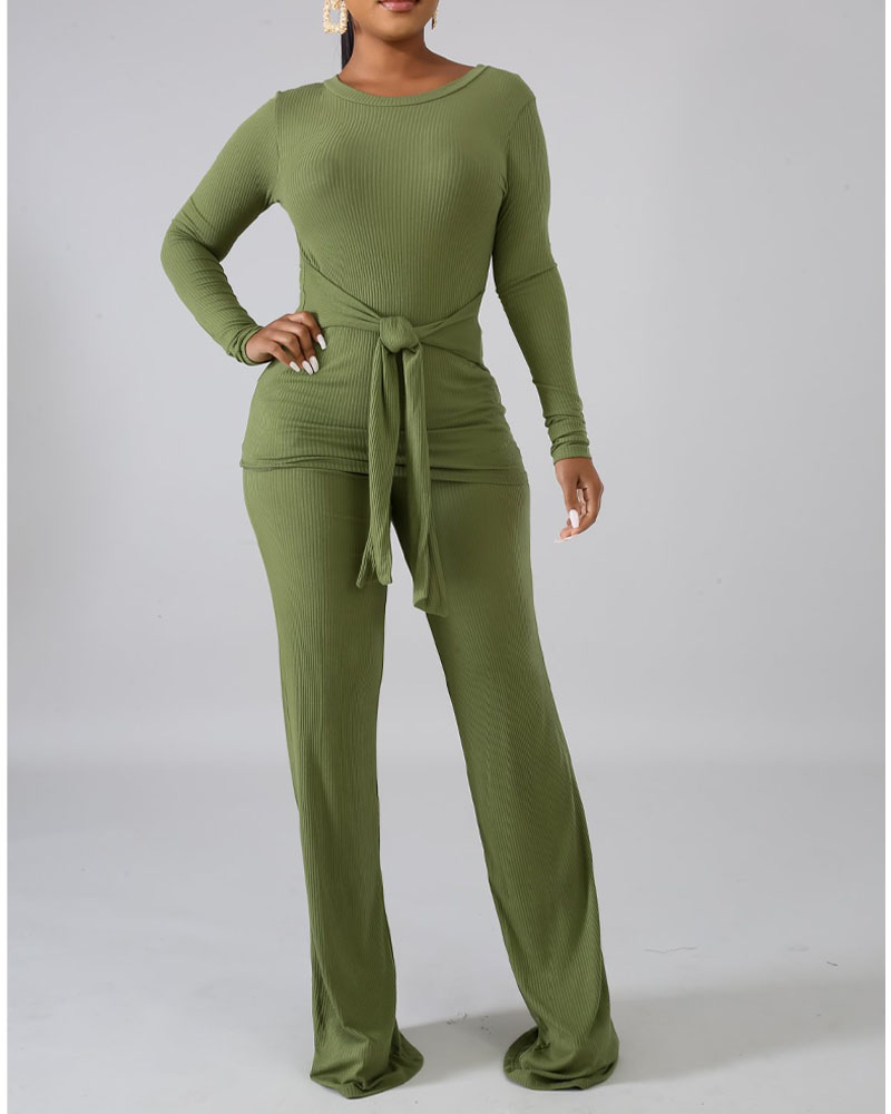 

Ribbed Long Sleeve Tie Front Top & Bootcut Pants Set, Green