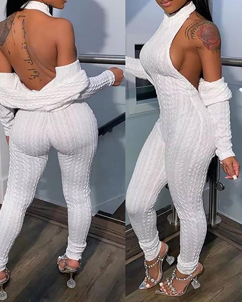 

Plain Halter Backless Jumpsuit & Long Sleeve Coat Set, White