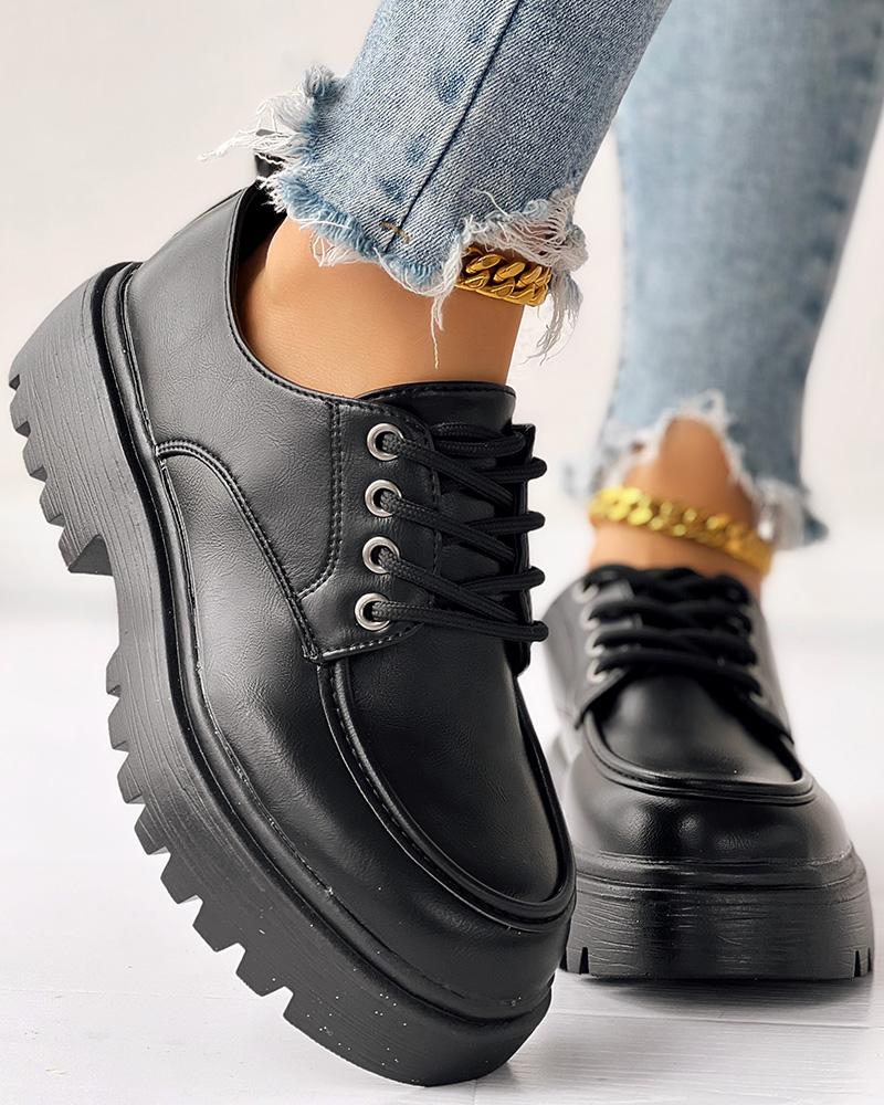 

Eyelet Lace-up Platform Penny Loafers, Black