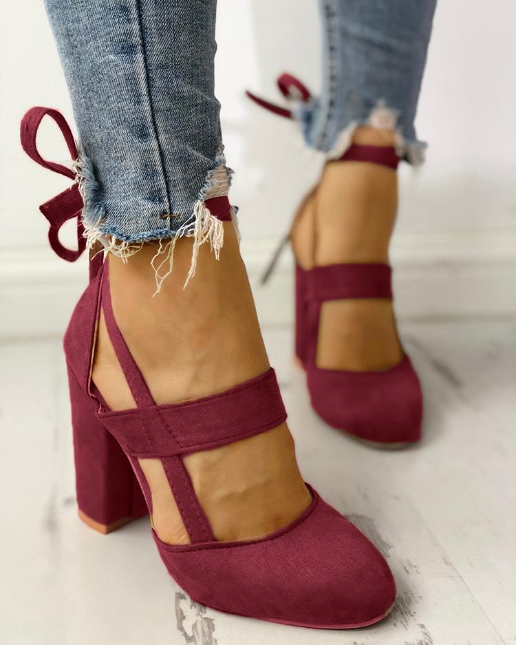 

Fashion Caged Chunky Heels Shoes, Wine red