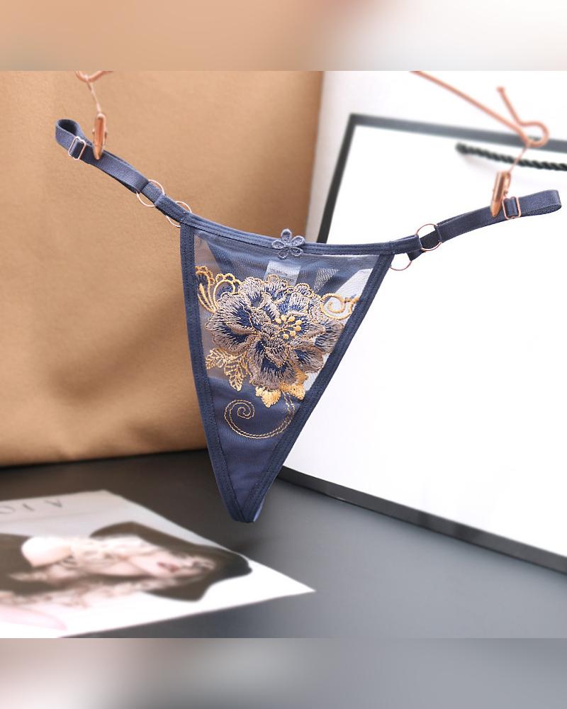 

Sexy See-through Splicing Floral Embroidery Thong Panties, Gray