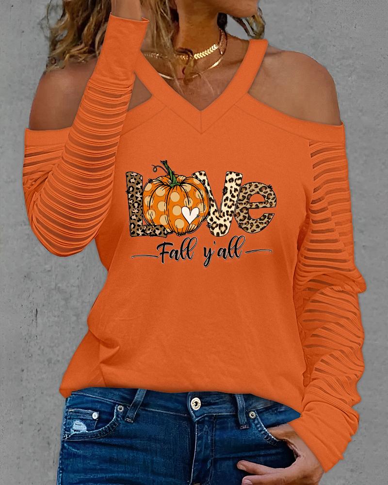 

Halloween Leopard Polka Dot Pumpkin Love Letter Print Cold Shoulder Top, Orange