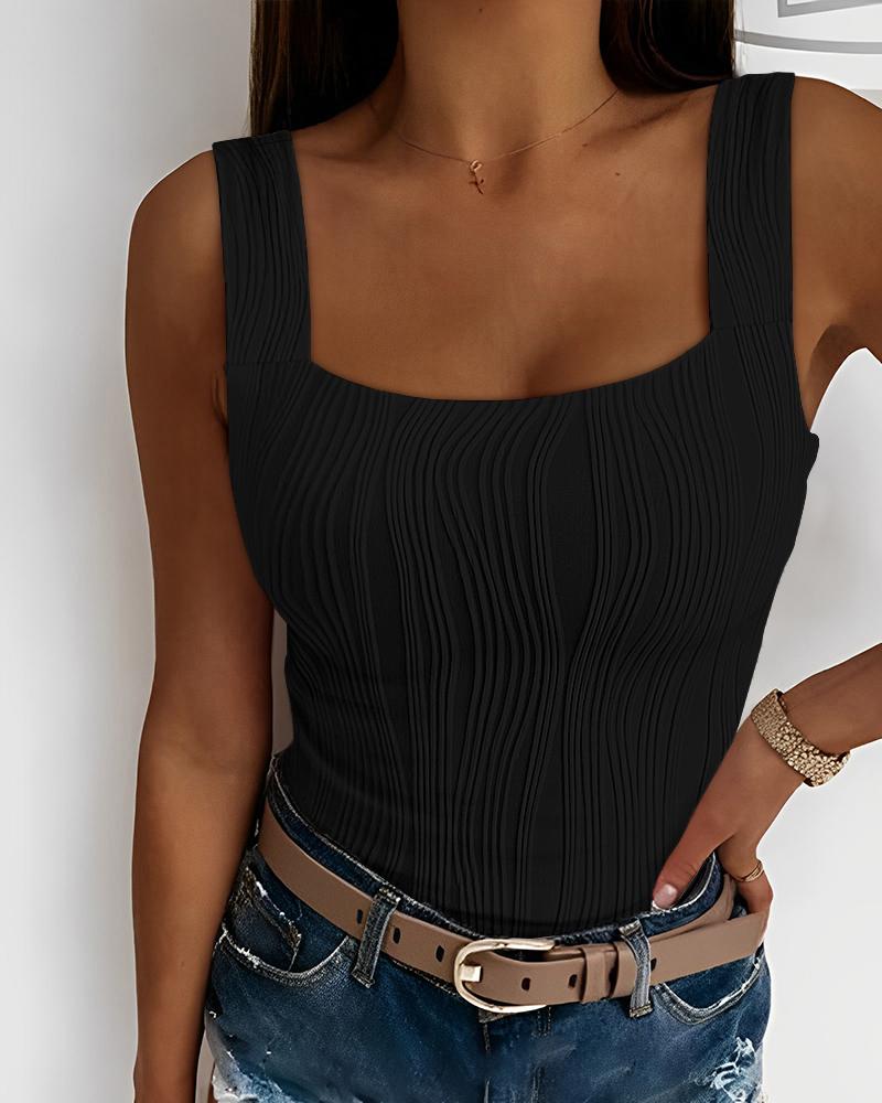 

Square Neck Textured Tank Top, Black