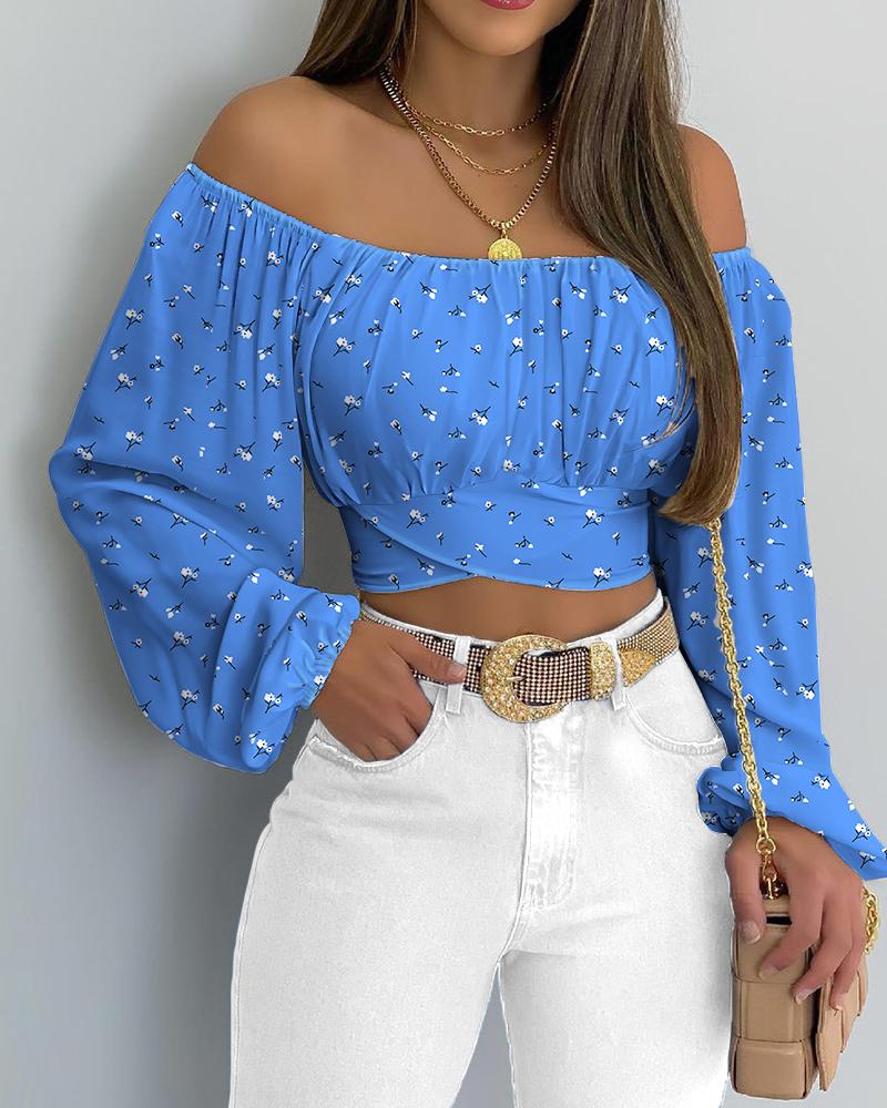 

Ditsy Floral Print Off Shoulder Lantern Sleeve Crop Top, Blue