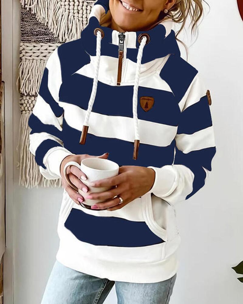 

Striped Zipper Detail Grommet Eyelet Drawstring Hoodie, Blue