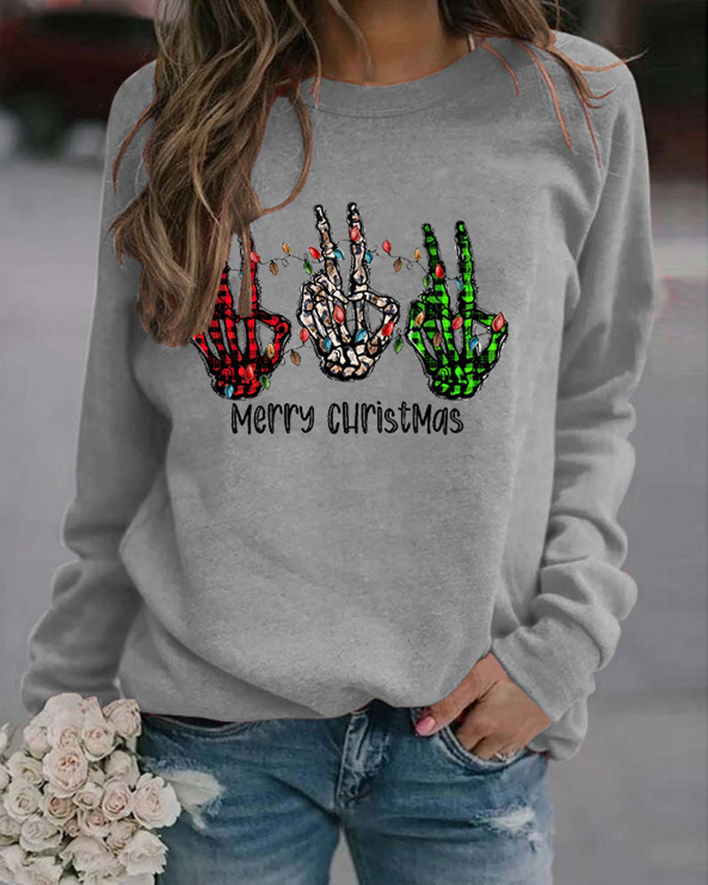 

Christmas Letter Finger Print Long Sleeve Top, Gray