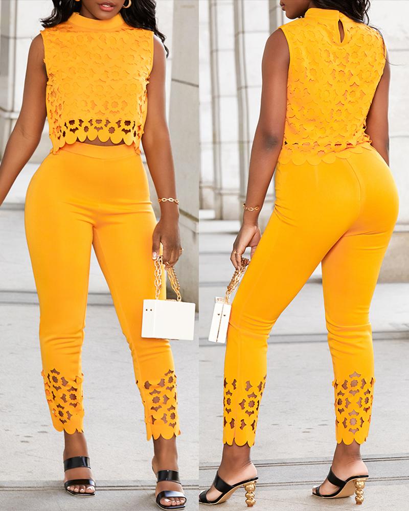 

High Neck Lace Hollow Out Top & Pants Set, Yellow