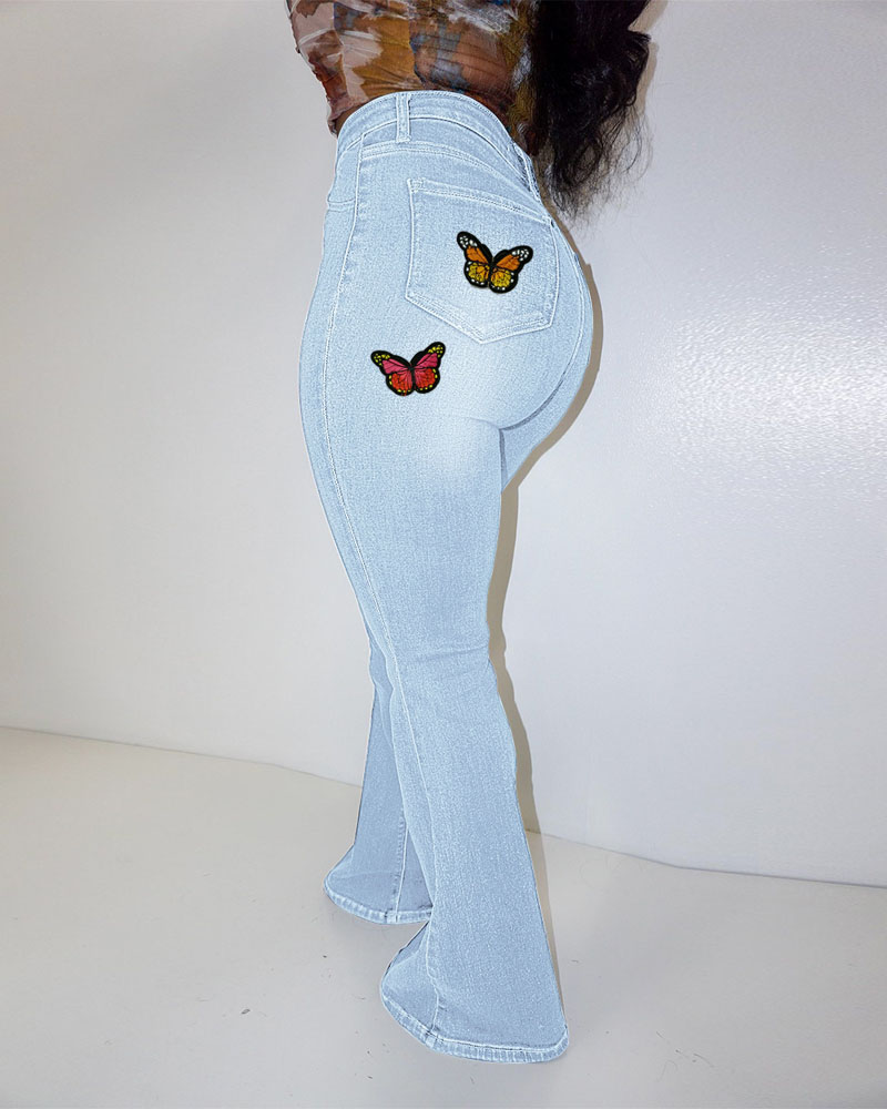 

Plus Size Butterfly Patch Zipper Fly Bootcut Jeans, Lighted blue